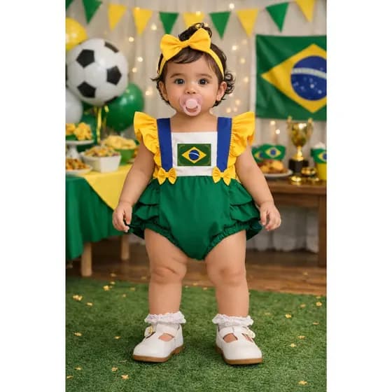 Romper Jardineira Copa do Mundo Bandeira do Brasil Roupa Bebê