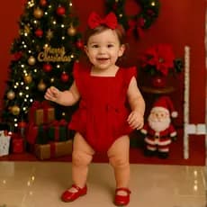 Jardineira Temático Natalino Vermelho Liso Festa Fotos Mesversário Roupa Bebê Menina