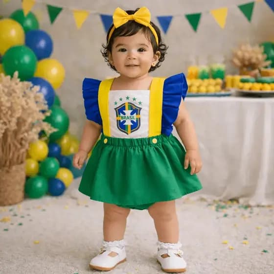 Romper Jardineira De Saia Tematico Copa Do Mundo Brasil Body Tricoline 100% Algodão