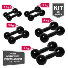 Kit Par Halter Bola Emborrachado 1 2 3 4 e 5 Kg - Total 30 Kg