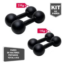 Kit Par Halter Bola Pintado 1 e 2 Kg - Total 6 Kg