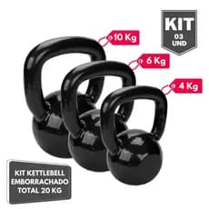 Kit Halter Kettlebell Emborrachado 4 6 e 10 Kg - Total 20 Kg