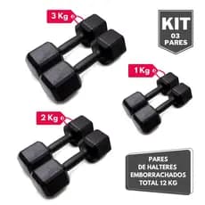 Kit Par Halter Sextavado Pintado 1 2 e 3 Kg - Total 12 Kg