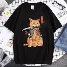 Camisa Camiseta Básica Algodão Unissex Gatinho Katana na Boca Estilo Japonês