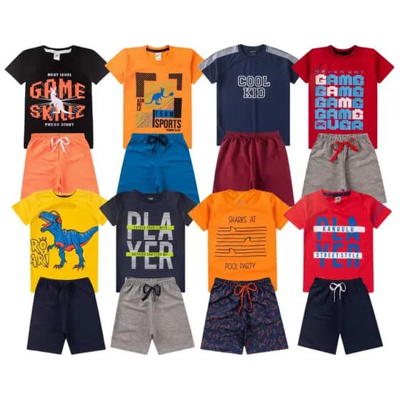 Kit 8 Peças de Roupa Infantil Menino 4 Camisetas + 4 Bermudas