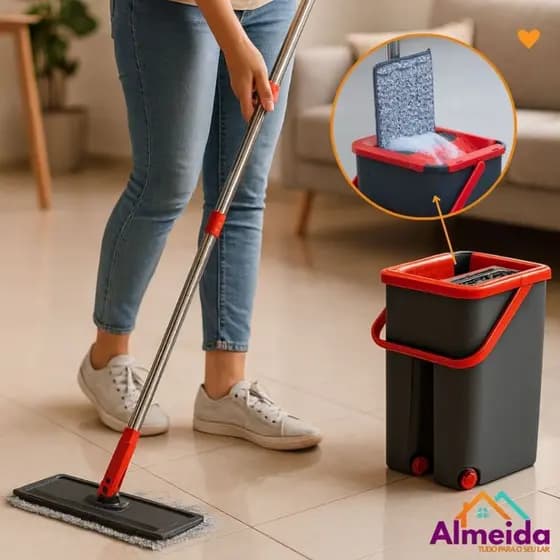 Mop Rodo Flat Limpeza E Secagem Com Balde 5 Litros Cabo Giratório Powermaid