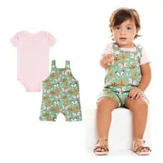 Jardineira Bebê Menina 100% Algodão - Jardineira Bebê + Body Manga Curta -  Jardineira Infantil - Roupa para bebe - Enxoval de bebe