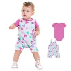 Jardineira infantil bebê menina e body manga curta roupa para bebê