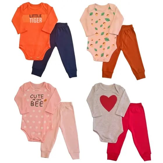kit 4 peças body manga longa e mijão Algodão menina e menino enxoval bebê