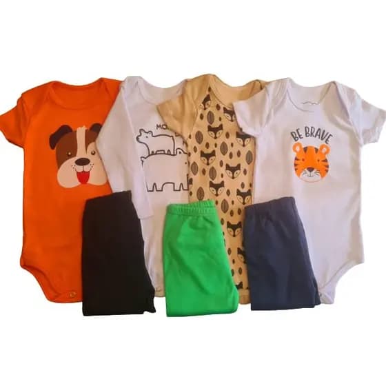 Kit Bebê 7 Peças Body Manga Curta Body Manga Longa e Mijão Calça Bebê Menino 100% Algodão