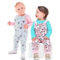 Kit Jardineira Longa Bebê Menina e Body Manga Longa - Macacão Comprido - Algodão - Suedine - Inverno