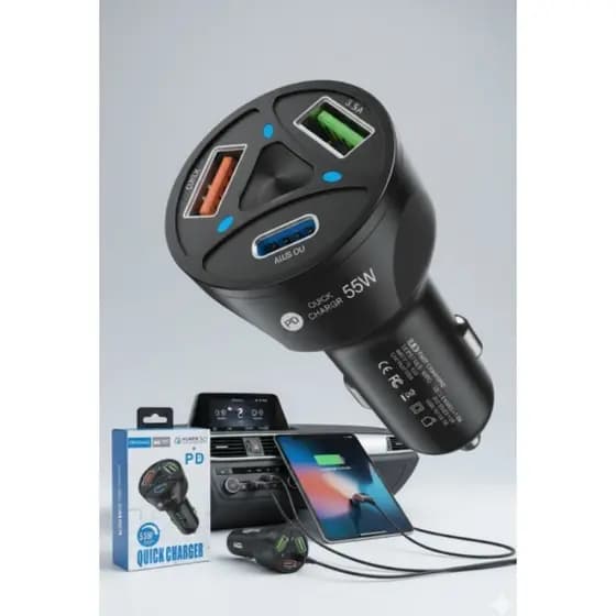 Carregador Veicular Turbo 55W Quick Charge 3.0 + PD USB-C ( 2 entradas USB - 1 Entrada Tipo-C)