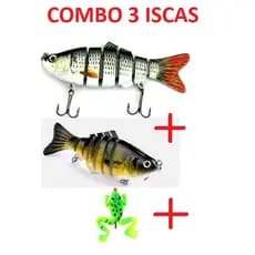 Combo 3 iscas artificiais 2 iscas lambari articulado 10cm 7 segmentos cores prata e dourado + 1 isca frog com anzol 6cm