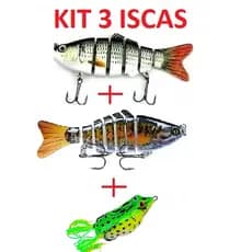 kit 3 iscas artificiais 2 lambari articulado 10cm 16g + isca frog sapinho 4cm 5g