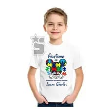 camisa camiseta autista autismo campanha personalizada com nome infantil cinza e branca