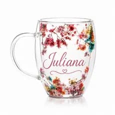 caneca de vidro transparente de parede dupla flor e personalizada com nome