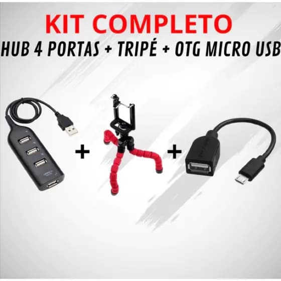 Kit Hub USB 1 Metro 2.0 4 Entradas USB + Tripé + Cabo Micro Usb V8