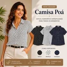 Camisa Manga Curta Bolinha Feminina Tecido Viscose com botão Estilosa Elegante