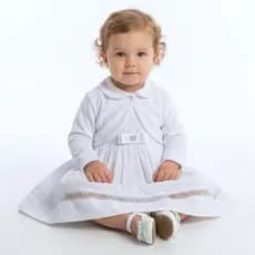 Vestido de Bebê Batizado Branco Menina com Bolero 2 Peças 100% Algodão Mundo Nina
