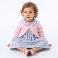 Vestido Infantil Floral Azul em Algodão com Bolero de Plush Rosa Inverno 2 Meses a 4 Anos Mundo Nina