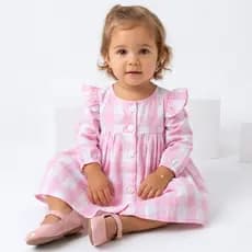 Vestido Infantil Feminino Xadrez Rosa Manga Longa Festa Junina Bebê Menina Algodão 2 Meses a 4 Anos