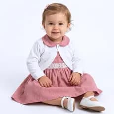 Vestido de Bebê 2 Peças Mundo Nina 100% Algodão Luxo com Bolero de Plush 2 Meses a 4 Anos