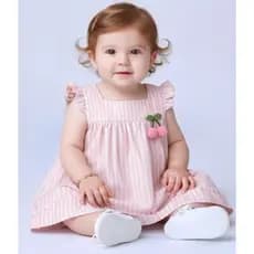 Vestido de Bebê Infantil Manga Curta 100% Algodão Mundo Nina Aplique Cereja