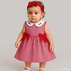 Vestido Bebê Menina Xadrez Vermelho  Luxo com Gola Branca Bordada Macio e confortável MUNDO NINA