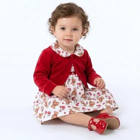 Vestido de Bebê Menina 100% Algodão com Bolero de Plush 2 Meses a 4 anos Mundo Nina 2 peças