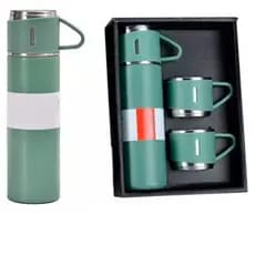 Kit Garrafa Térmica 500ML + 3 Xícaras Aço Inoxidável- Verde