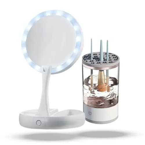Kit para Maquiagem - Espelho Camarim com Iluminação LED + Lavador Limpador De Pinceis Maquiagem Automático