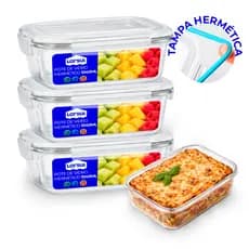 Conjunto Potes 1040ml  Vidro Hermético Marmita Com 4 Travas
