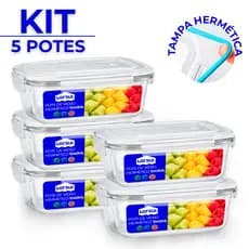 Conjunto 5 Potes Vidro Hermético Marmita Com 4 Travas 1040ml Fitness