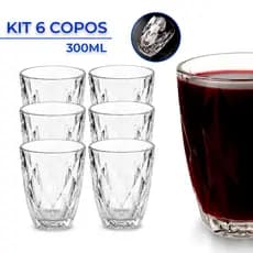 Jogo 6 Copos Baixos Diamond 300ml Vidro Grosso Diamante Luxo