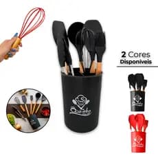 Kit Cozinha Utensílios Talheres De Silicone Com Cabo Madeira 7 Peças Lindas Cores