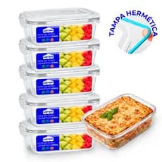 Conjunto de Potes de Vidros 370ml Hermeticos para Marmitas Fitness com 4 Travas Forno Micro Ondas