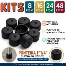 Kit Ponteira Externa 1"1/4 32mm Plástico Preto Protetor para Pé Cadeira Ante Risco Kit de 8 a 48 Und