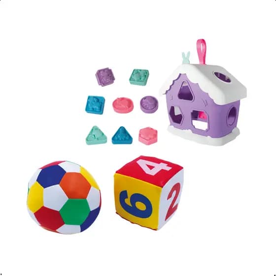 Kit Bola Dado Com Chocalho e Casainha de Encaixar Brinquedo