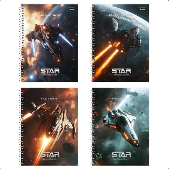 Kit 2 Caderno Capa Dura Star Ship Escolar 1 Matéria 80 Folhas