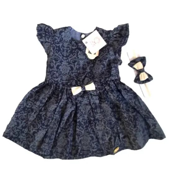 Vestido Bebê Menina Recem Nascido Vestido Tricoline Arabesco Azul Marinho com Faixinha.