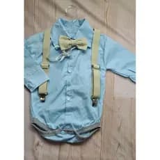 Roupa Batizado Bebê Masculino Camisa Body AZUL CLARO + suspensório +gravata