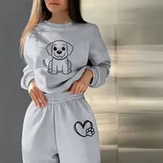 Moletom Feminino Conjunto Calça Moletom Cachorrinho Love Fofo Algodão Quentinho Tendência Inverno