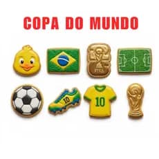Kit 8 Cortadores/Marcadores de Biscoito de Copa do Mundo/Brasil com Puxador