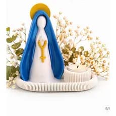 Kit Nossa Senhora Decorativo com Bandeja e Castiçal Porta Vela de led Presente Religioso
