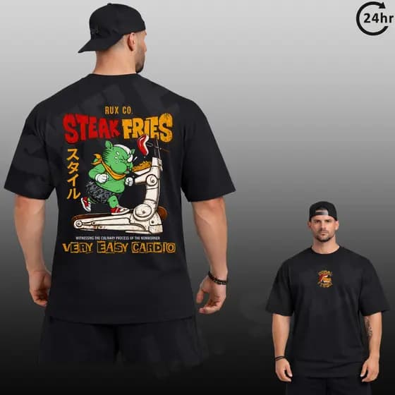 Camiseta Oversized Steak n' Fries Academia Treino Pesado Streetwear Unissex 100% Algodão Estampada Anime Fitnes
