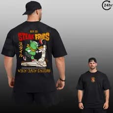 Camiseta Oversized Steak n' Fries Academia Treino Pesado Streetwear Unissex 100% Algodão Estampada Anime Fitnes