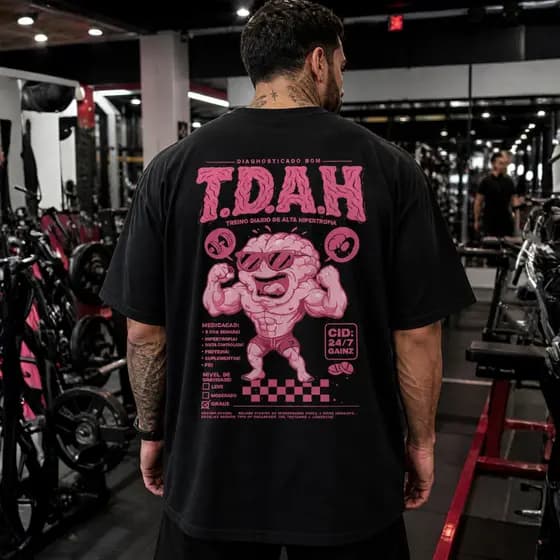 Camiseta Oversized TDAH Premium Camisa Academia Streetwear Maromba Fitness Pump Cover Masculina Feminina 100% Algodão