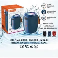 Caixa De Som Portátil New'ion Som-5391 Bluetooth 10w Azul 5v. Caixa De Som Bluetooth 50w Hi-fi Rgb À Prova Dágua Com Tws