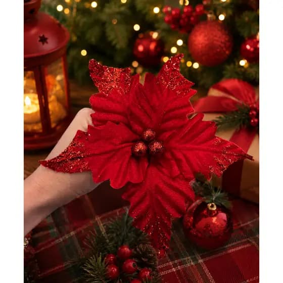 Flor Natalina Bico de Papagaio Veludo Vermelho 20cm Natal