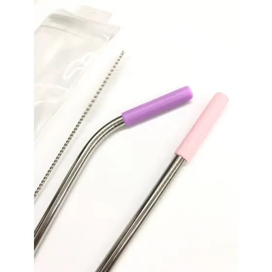 kit canudo infantil reto curvo com bico de silicone para proteção + escovinha